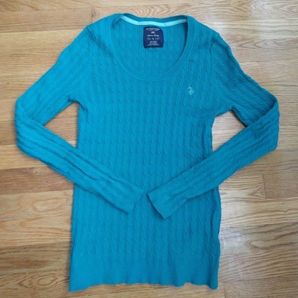 U.S. POLO ASSN. USPA SWEATER TEAL CABLE KNIT SIZE S